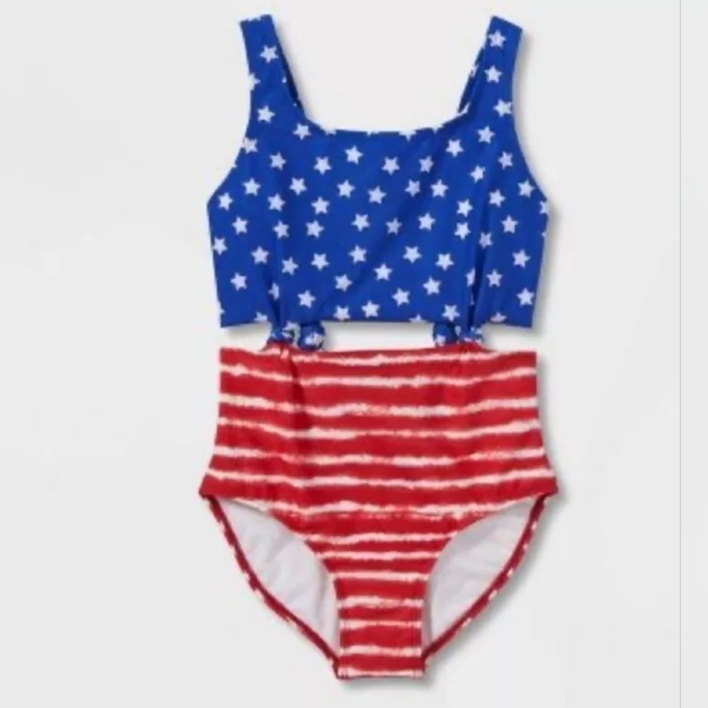 Blue and Red Star Striped Swimsuit SIZE L 10/12